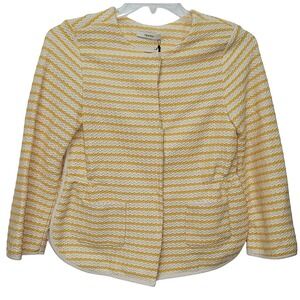 ODEEH Yellow White Striped Textured Knit Collarless Jacket Blazer Cottage Office